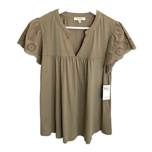 Angels Forever Young Poplin Flutter Sleeve Top Women's Size S Lace Peasant‎ NWT - Picture 1 of 12